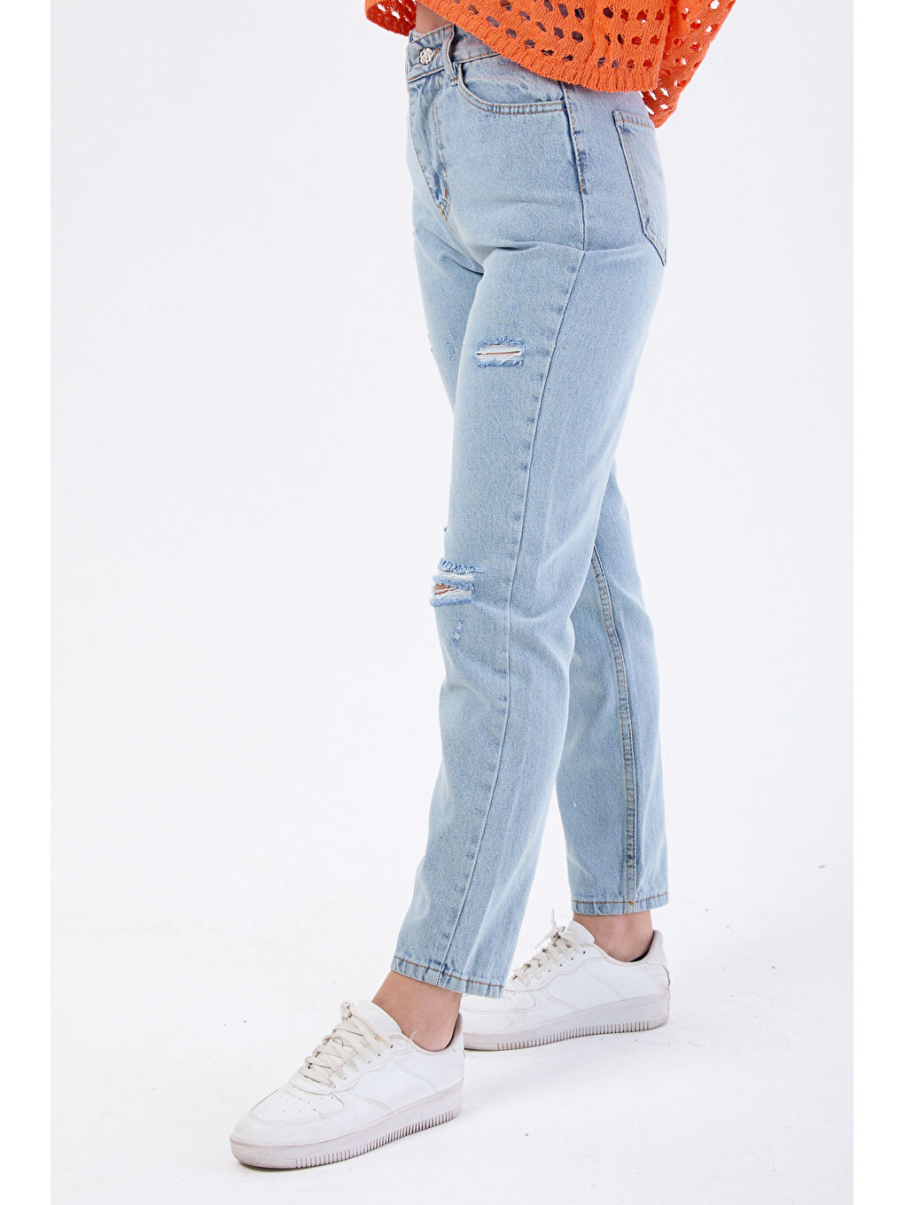 Mom Jeans Lazerli Jean Pantolon Buz Mavi Kar   23810-2