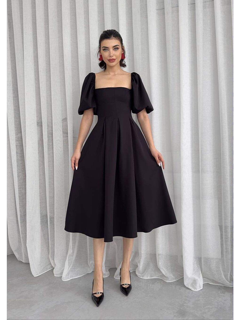 Siyah Benjamin Çan Etekli Midi Boy Elbise-3
