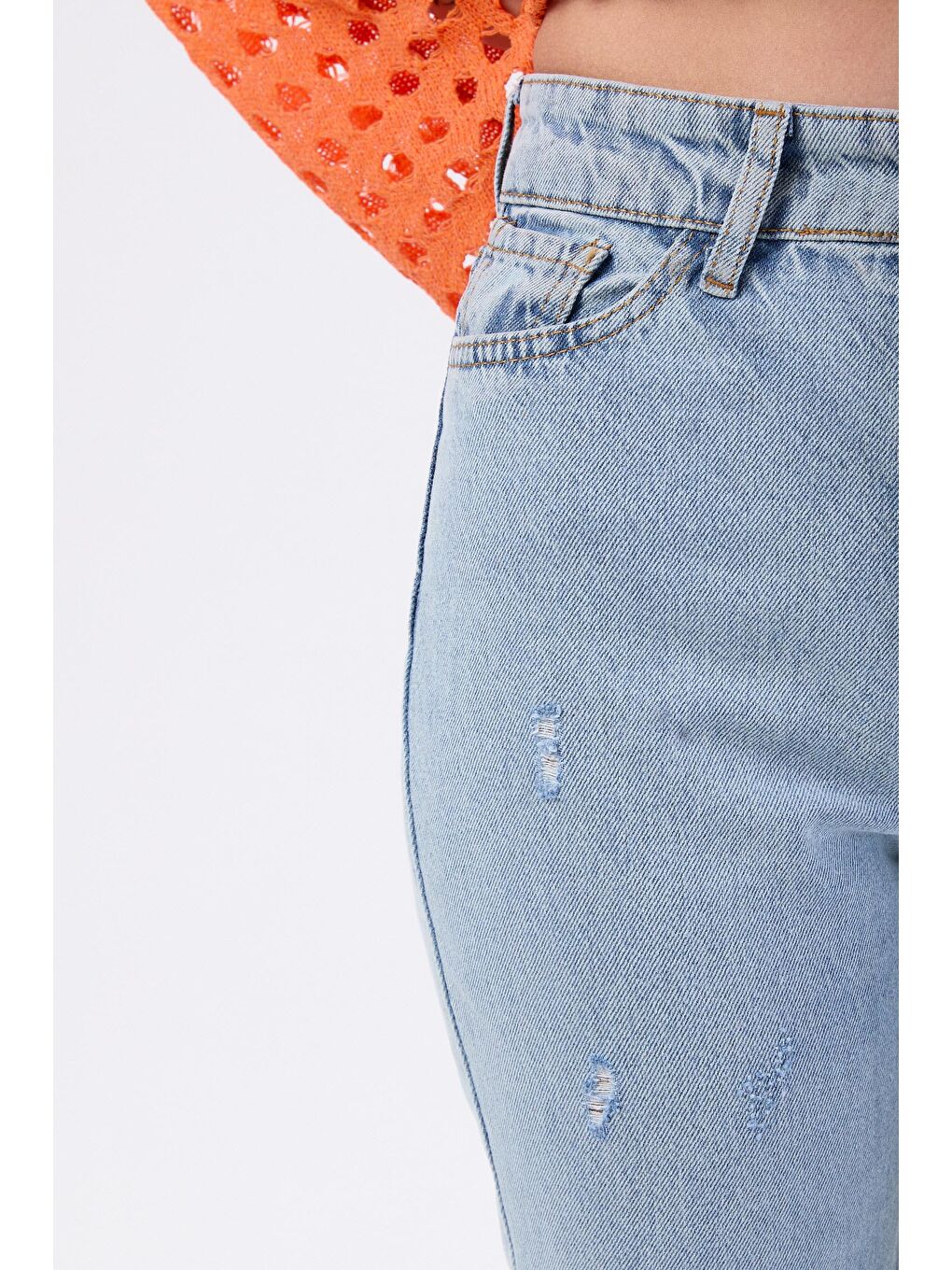 Mom Jeans Lazerli Jean Pantolon Buz Mavi Kar   23810-3