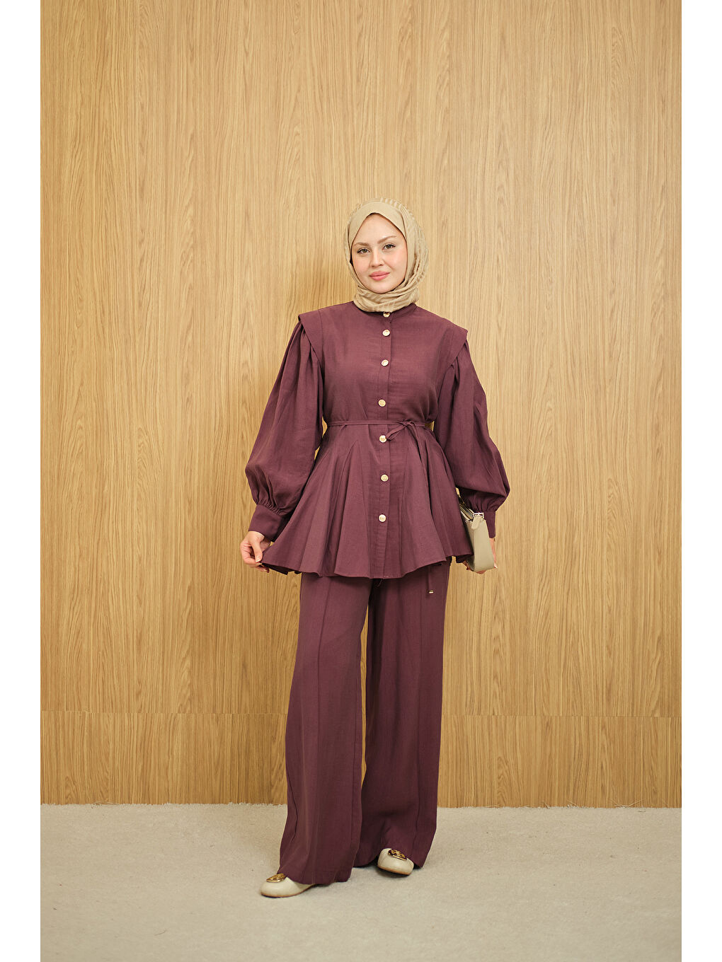 Kadın Bel Büzgülü Gold Düğme Detay Pantolonlu Takım Mürdüm