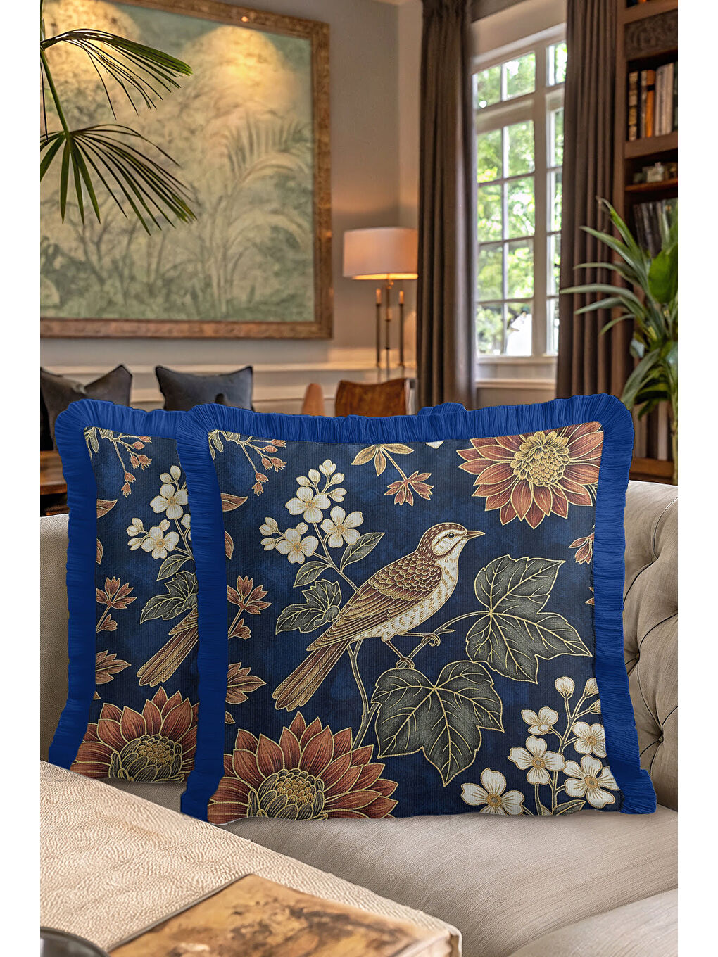 Karışık Lüks Kuş Çiçek Motifli Saçaklı Yastık Kılıfı - Vintage Rustik Lacivert Gold Püsküllü Kırlent Kılıfı-7