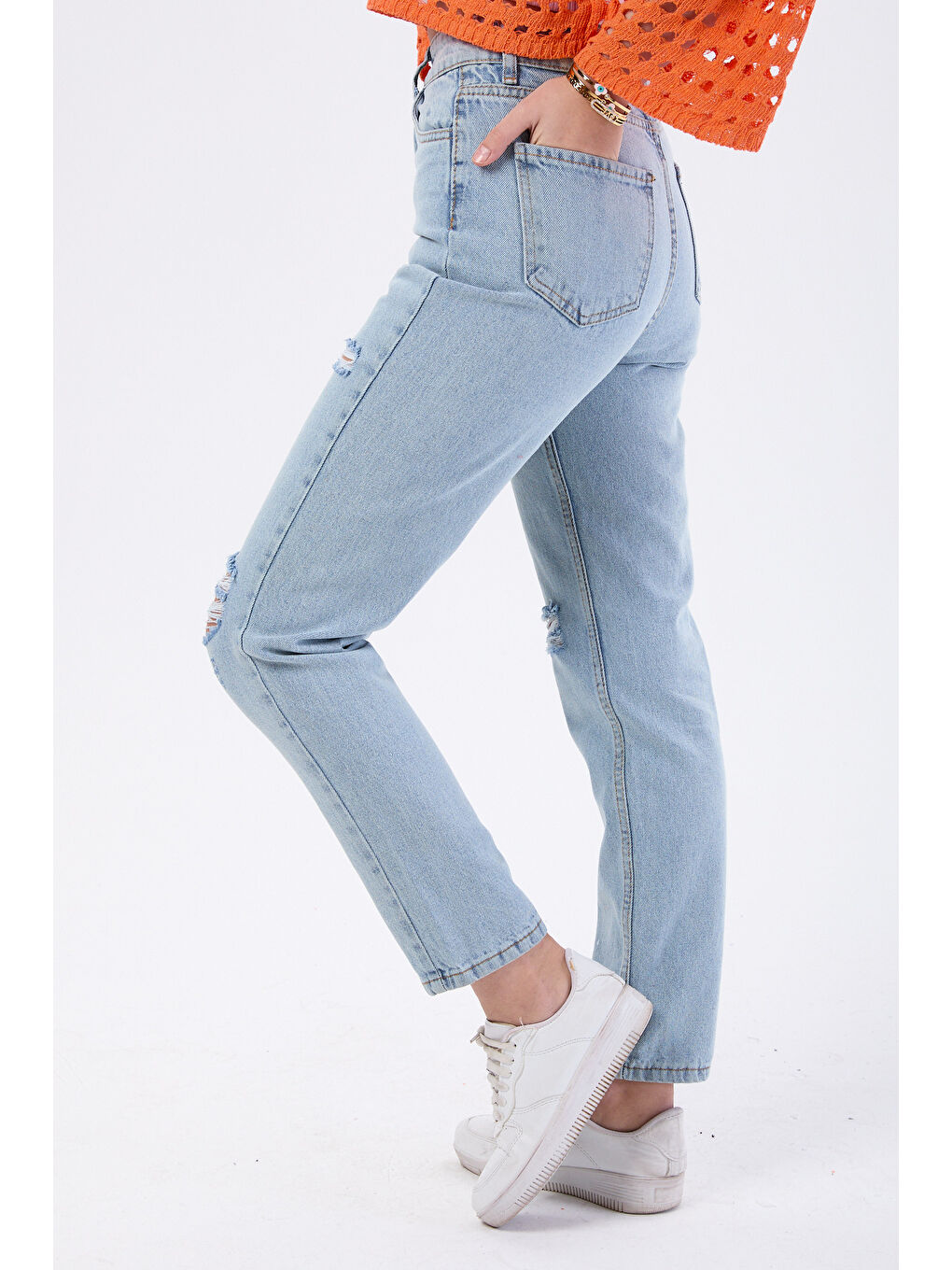 Mom Jeans Lazerli Jean Pantolon Buz Mavi Kar   23810-4