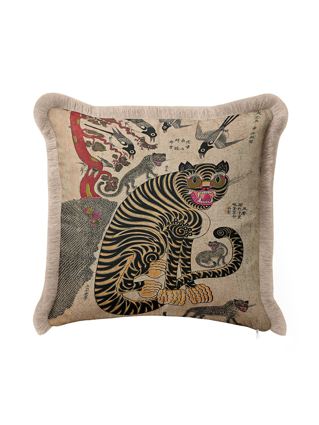 Karışık Asya Motifli Saçaklı Yastık Kılıfı - Etnik Sanat Temalı Vintage Bej Gold Püsküllü Kırlent Kılıfı
