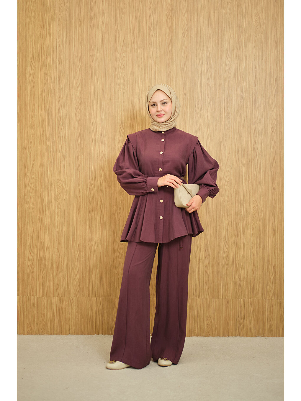 Kadın Bel Büzgülü Gold Düğme Detay Pantolonlu Takım Mürdüm-1