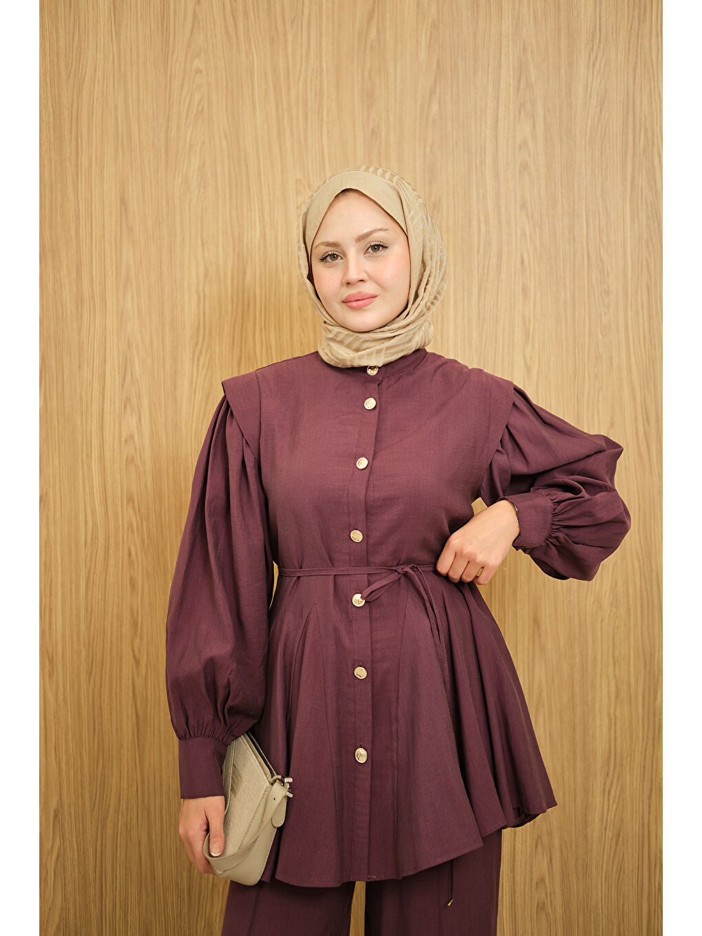 Kadın Bel Büzgülü Gold Düğme Detay Pantolonlu Takım Mürdüm-2