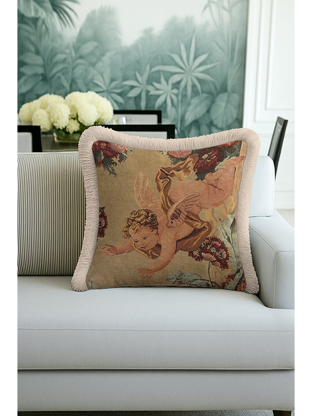 Karışık Barok Melek Figürlü Saçaklı Yastık Kılıfı - Klasik Vintage Retro Bej Gold Püsküllü Kırlent Kılıfı-1