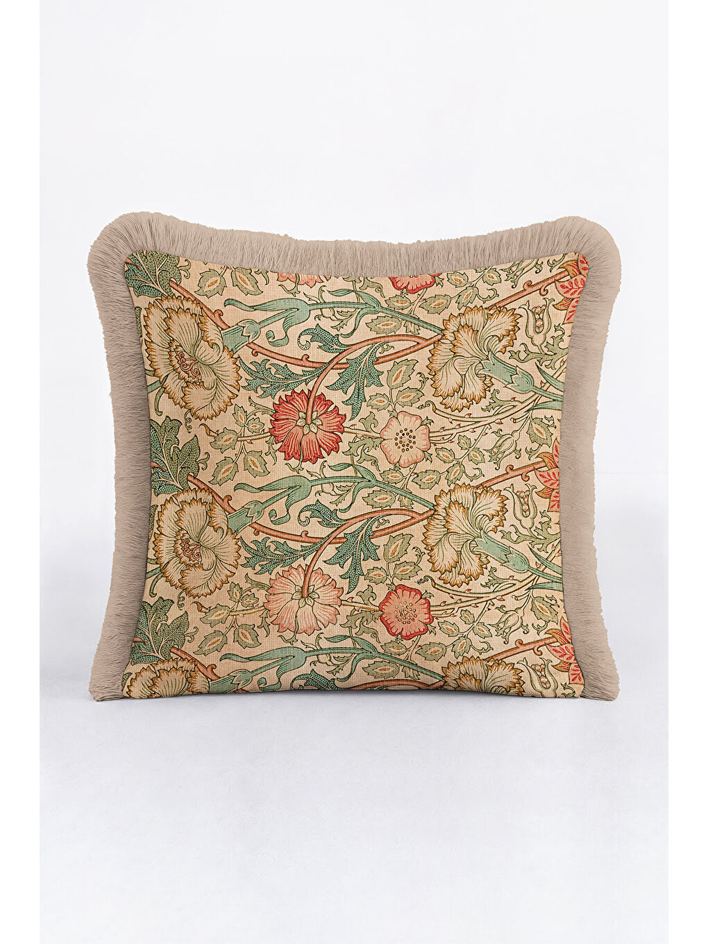 Karışık Vintage Çiçek Motifli Saçaklı Yastık Kılıfı - Klasik Bohem Bej Yeşil Püsküllü Kırlent Kılıfı-2
