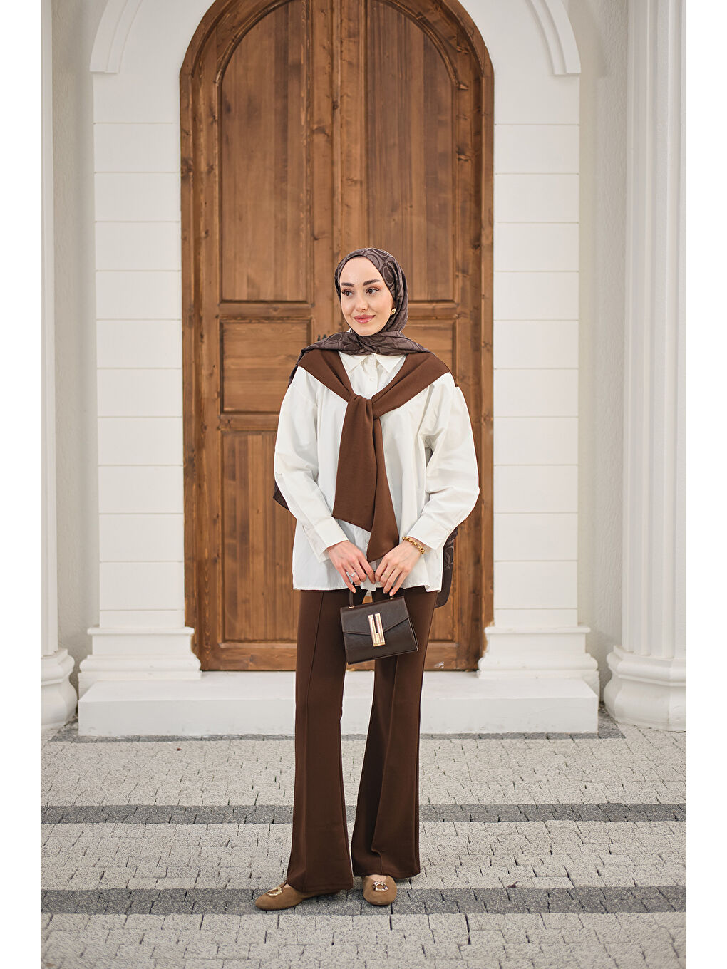 Kadın Yaka Bağlamalı Çift Renk Gömlek Kahverengi-1