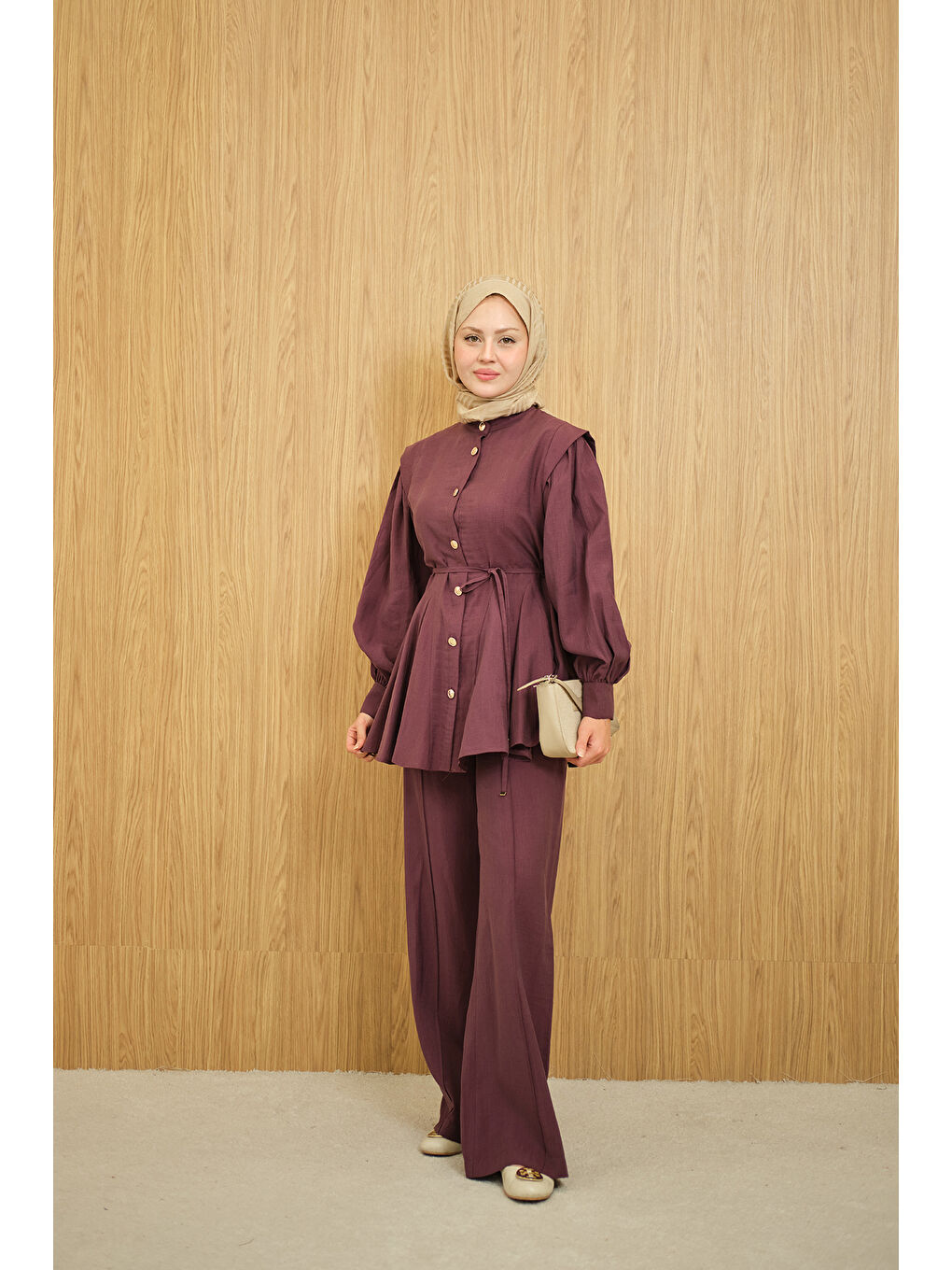 Kadın Bel Büzgülü Gold Düğme Detay Pantolonlu Takım Mürdüm-3