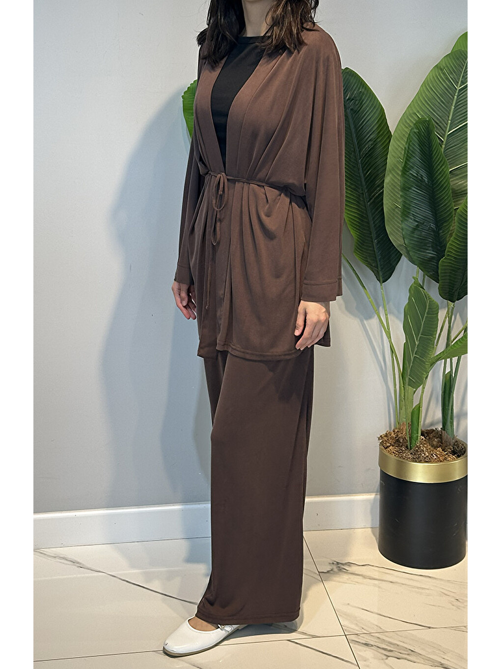 Kadriye Baştürk Modal Cupra Geniş Pileli Pantolonlu Midi Abaya Takım 412 Kahverengi-2
