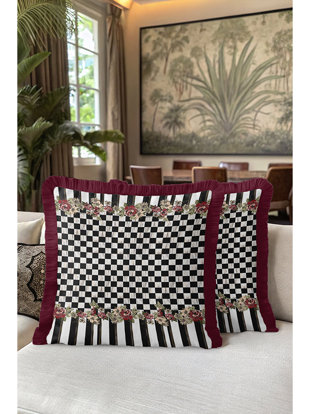 Karışık Siyah Beyaz Kareli Çiçekli Saçaklı Yastık Kılıfı - Gül Motifli Retro Bordo Püsküllü Kırlent Kılıfı-5