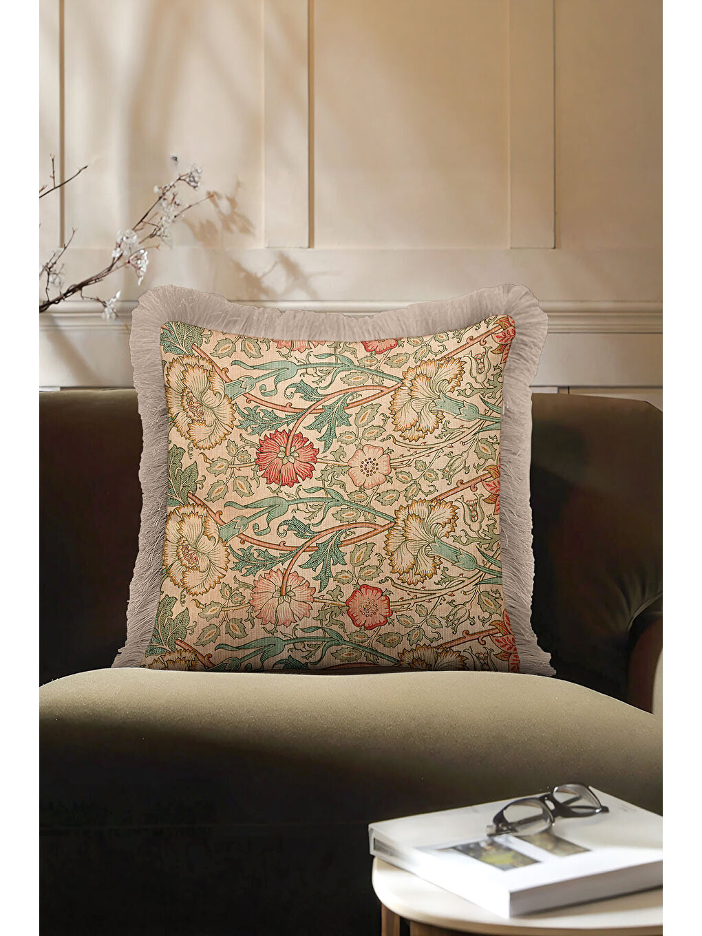 Karışık Vintage Çiçek Motifli Saçaklı Yastık Kılıfı - Klasik Bohem Bej Yeşil Püsküllü Kırlent Kılıfı-3