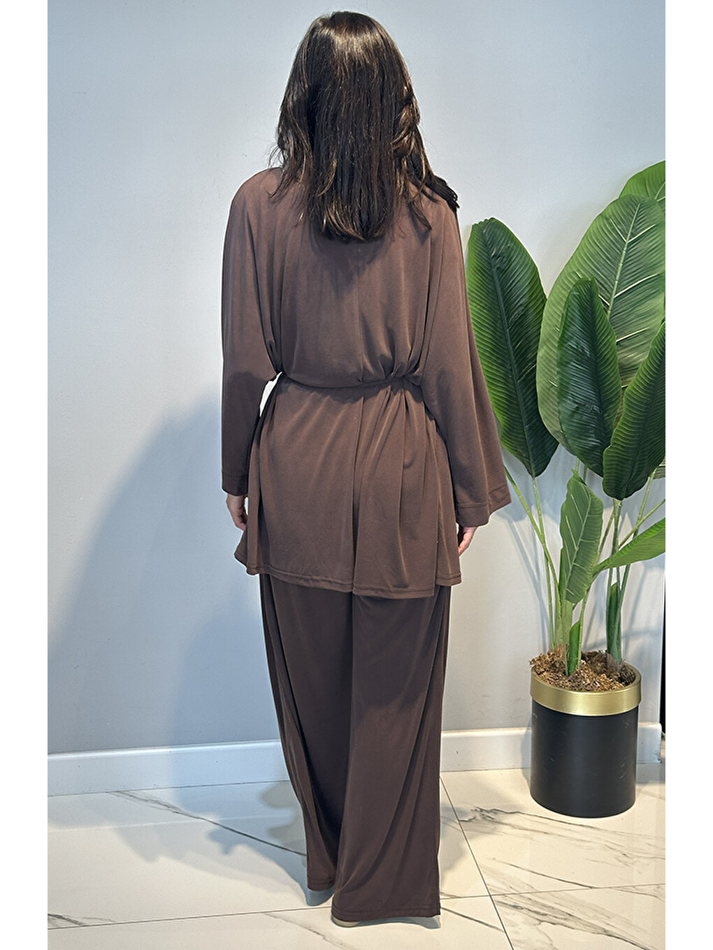 Kadriye Baştürk Modal Cupra Geniş Pileli Pantolonlu Midi Abaya Takım 412 Kahverengi-3