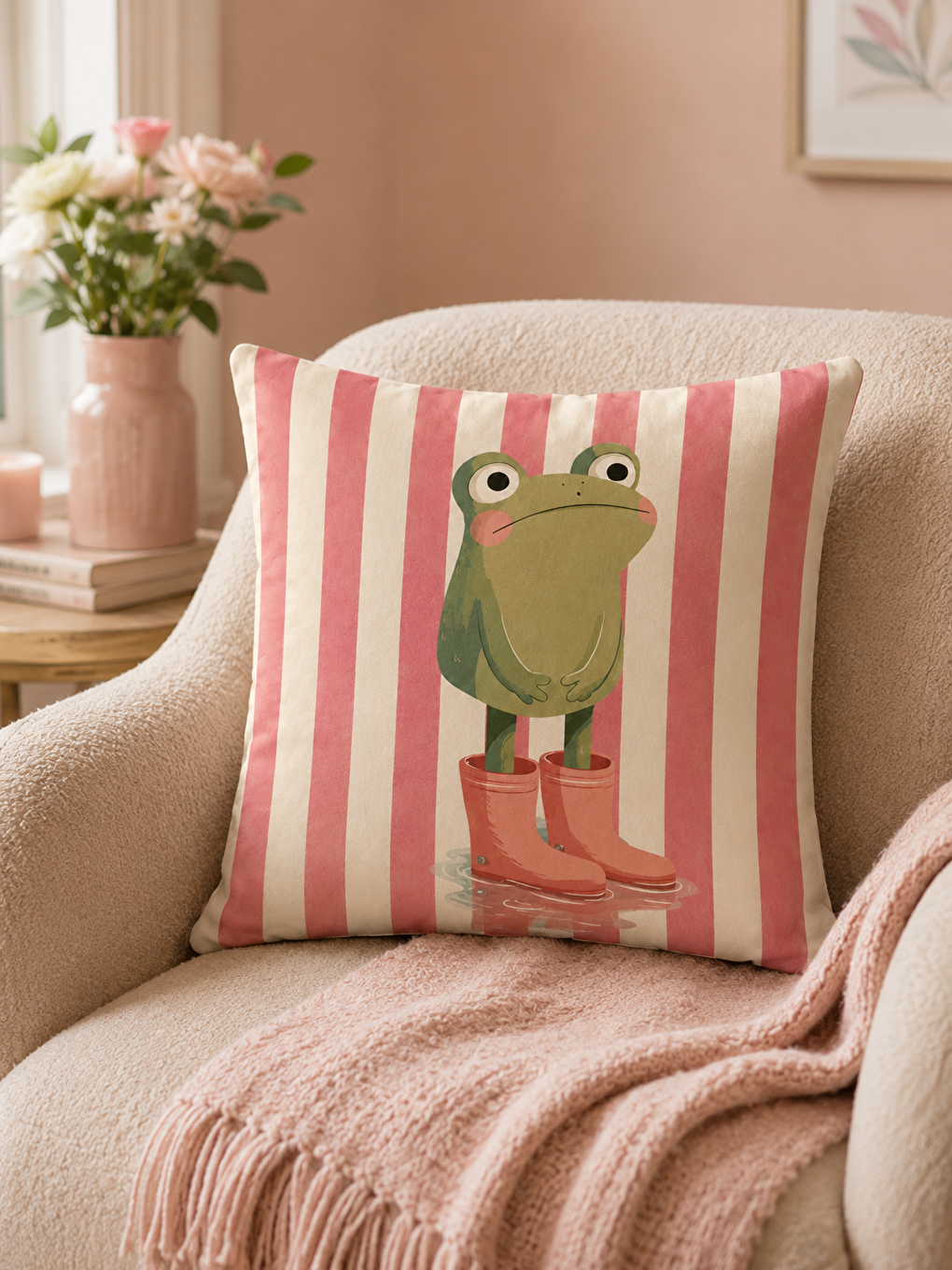 Bej Kurbağa Figürlü Pembe Çizgili Dekoratif Kırlent Kılıfı 43x43 Cm Yazlık Ev Dekoru-1