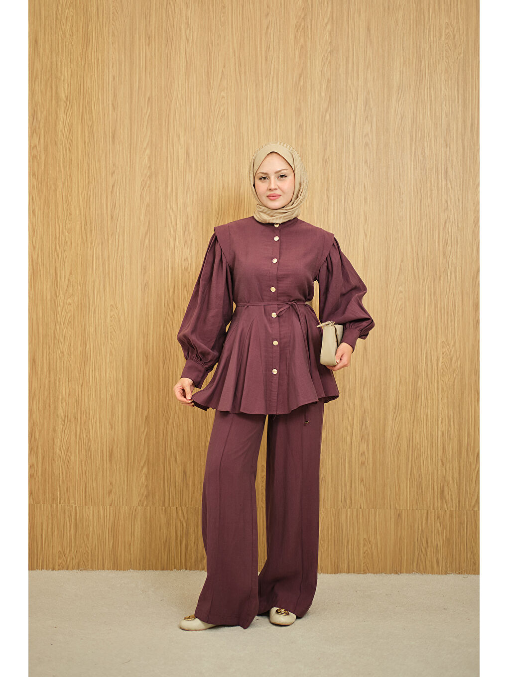 Kadın Bel Büzgülü Gold Düğme Detay Pantolonlu Takım Mürdüm-4