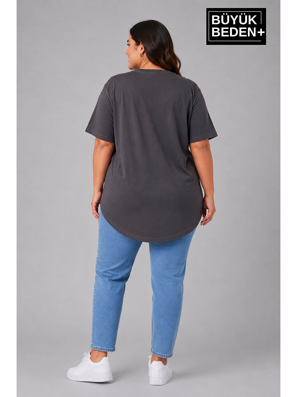 Antrasit Büyük Beden Kadın Bisiklet Yaka Basic Oval Etek Detalylı 3xl-6xl Uzun Tunik SPR26BTSK502-1