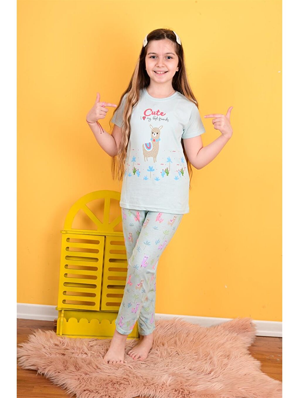 Yeşil Kız Çocuk Kısa Kollu Pijama Takımı Lama Mint-2