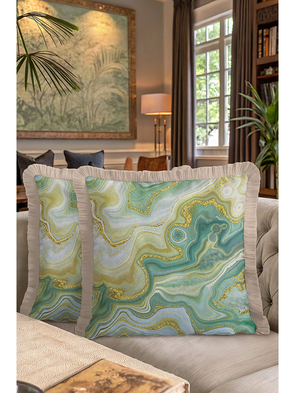 Karışık Zümrüt Mermer Doku Saçaklı Yastık Kılıfı - Lüks Bohem Akua Yeşil Altın Renk Püsküllü Kırlent Kılıfı-7