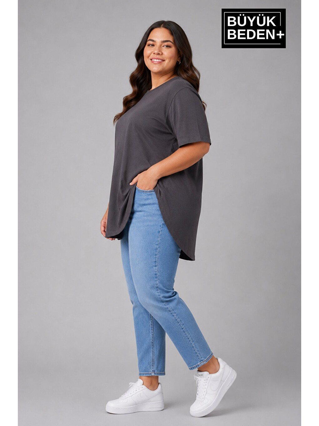 Antrasit Büyük Beden Kadın Bisiklet Yaka Basic Oval Etek Detalylı 3xl-6xl Uzun Tunik SPR26BTSK502-2