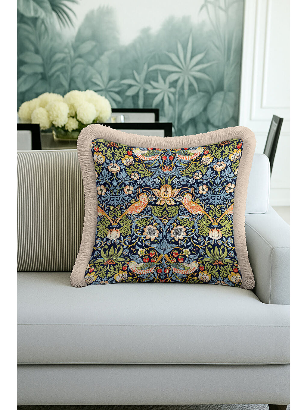 Karışık Lüks Kuşlu Çiçekli Saçaklı Yastık Kılıfı - Viktoryen Bohem Lacivert Yeşil Püsküllü Kırlent Kılıfı-1
