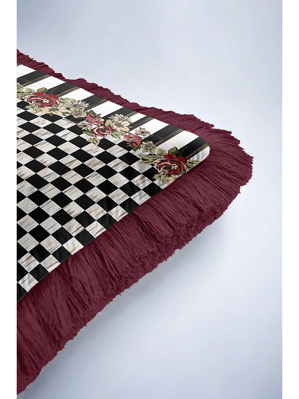 Karışık Siyah Beyaz Kareli Çiçekli Saçaklı Yastık Kılıfı - Gül Motifli Retro Bordo Püsküllü Kırlent Kılıfı-6