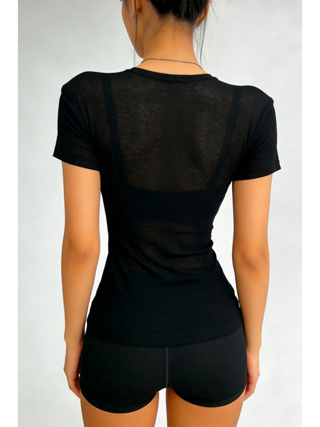 Siyah Kadın Flamlı Transparan Basic T-Shirt – Slim Fit Kısa Kol Günlük Üst-3