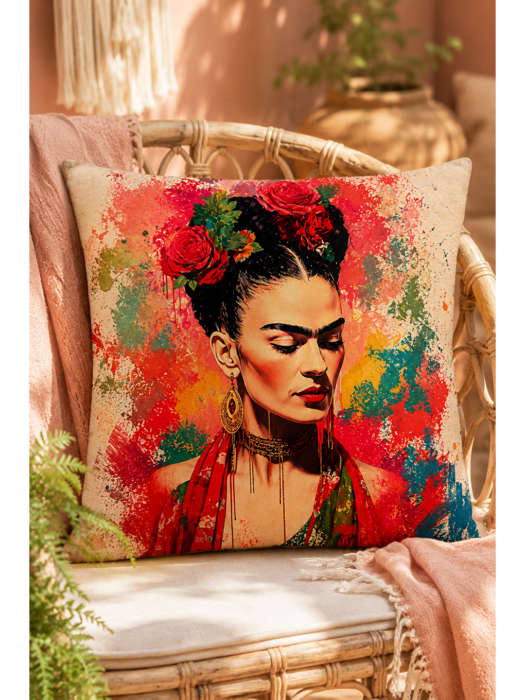 Karışık Renkli Kadın Portre Çiçekli Dekoratif Kırlent Kılıfı Bohem Sanatsal Dekor 43x43 Cm-1