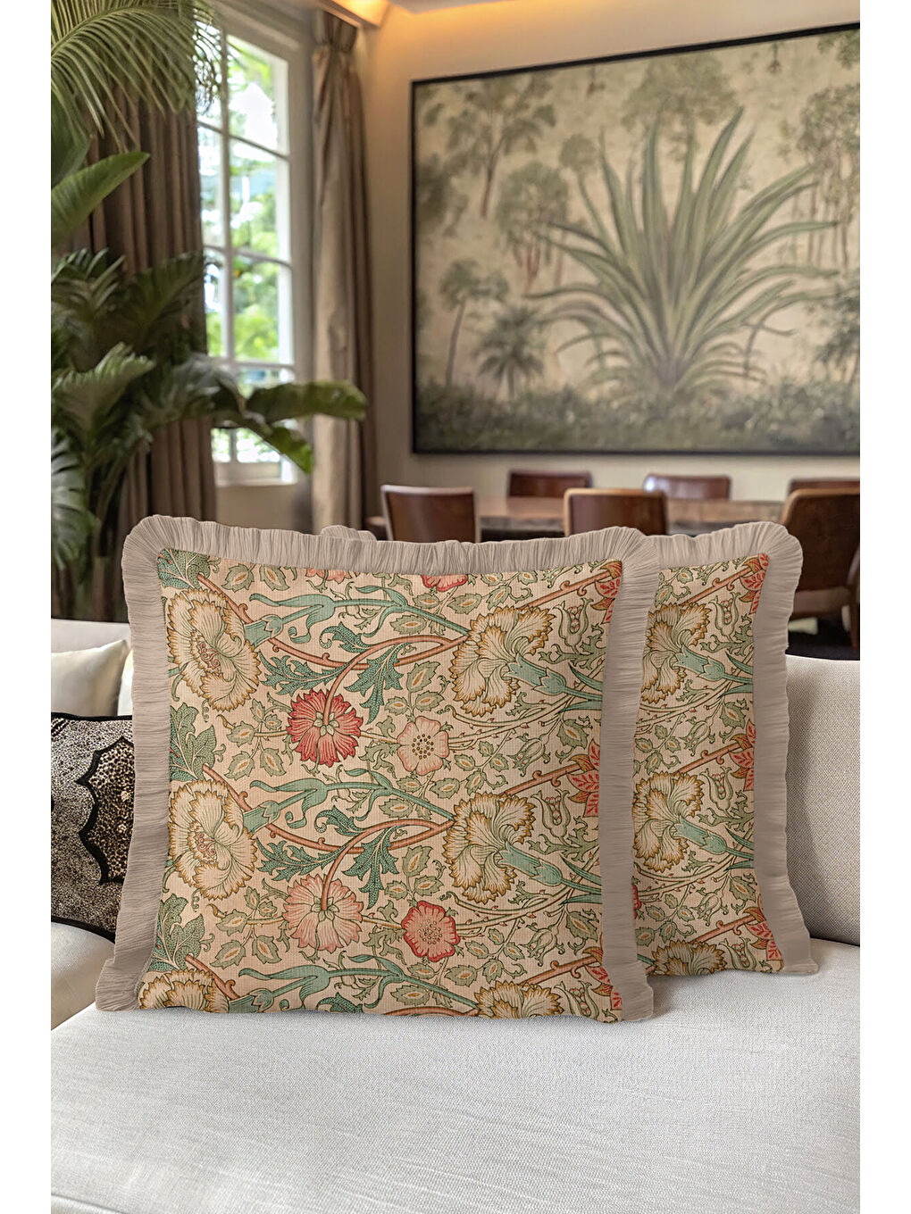 Karışık Vintage Çiçek Motifli Saçaklı Yastık Kılıfı - Klasik Bohem Bej Yeşil Püsküllü Kırlent Kılıfı-5