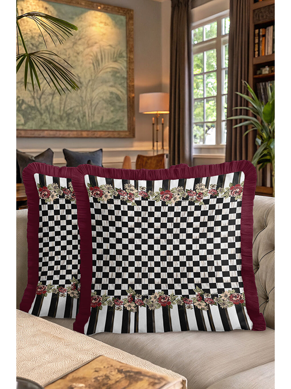 Karışık Siyah Beyaz Kareli Çiçekli Saçaklı Yastık Kılıfı - Gül Motifli Retro Bordo Püsküllü Kırlent Kılıfı-7