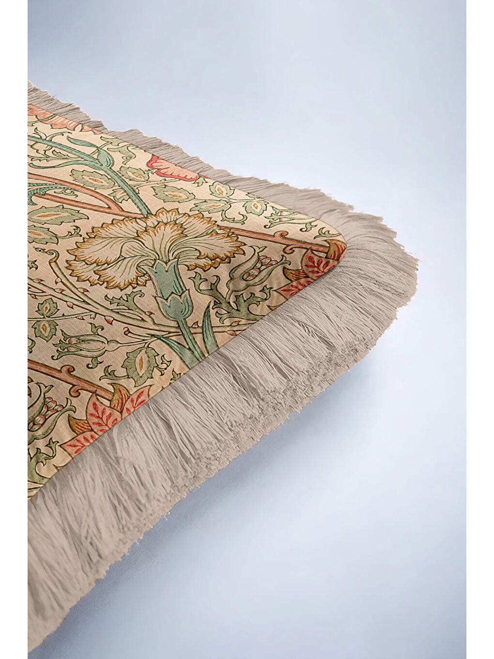 Karışık Vintage Çiçek Motifli Saçaklı Yastık Kılıfı - Klasik Bohem Bej Yeşil Püsküllü Kırlent Kılıfı-6