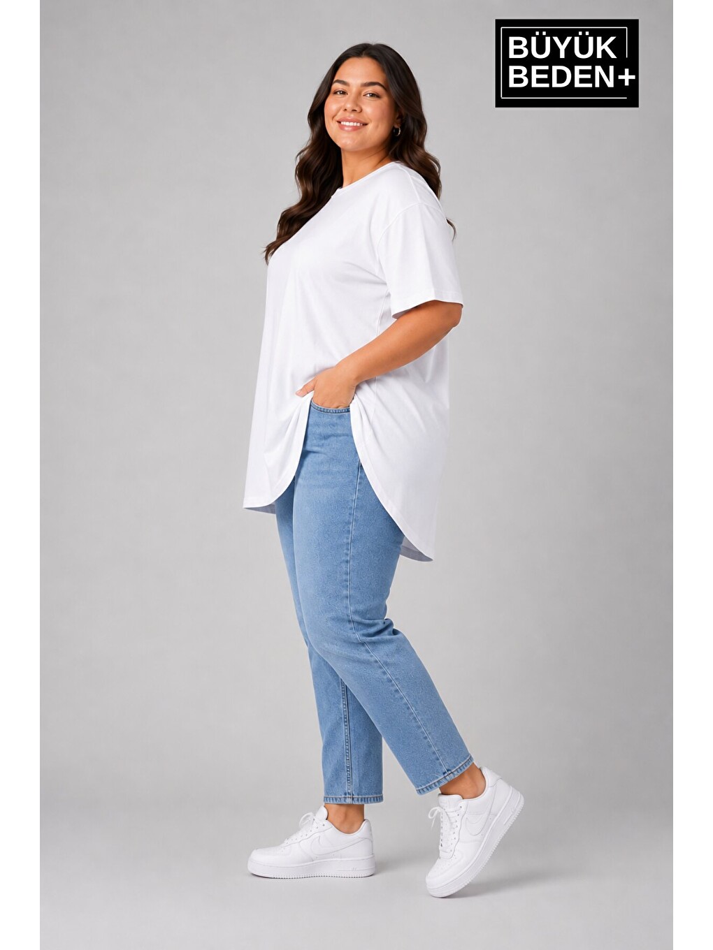 Beyaz Büyük Beden Kadın Bisiklet Yaka Basic Oval Etek Detalylı 3xl-6xl Uzun Tunik SPR26BTSK502-1