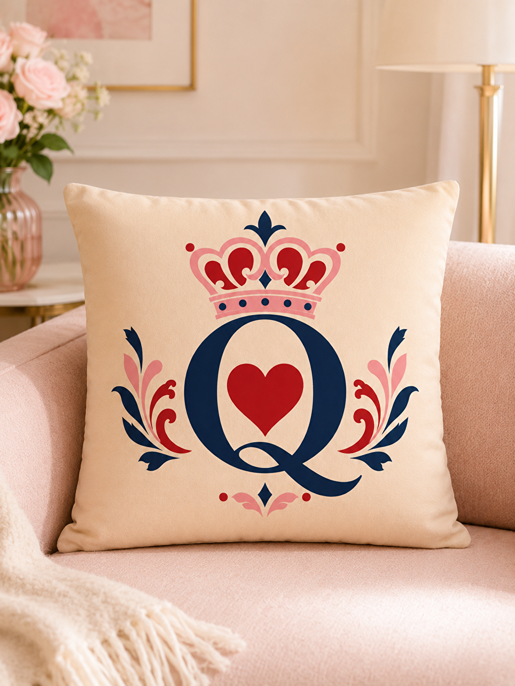 Karışık Taçlı Harf Ve Pembe Otomobil Desenli Dekoratif Kırlent Kılıfı 43x43 Cm Dekor-1