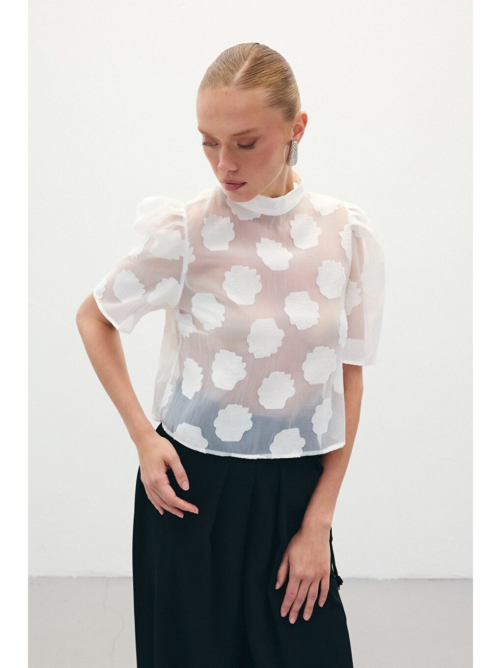 Organze Kısa Kol Bluz - Ekru-1