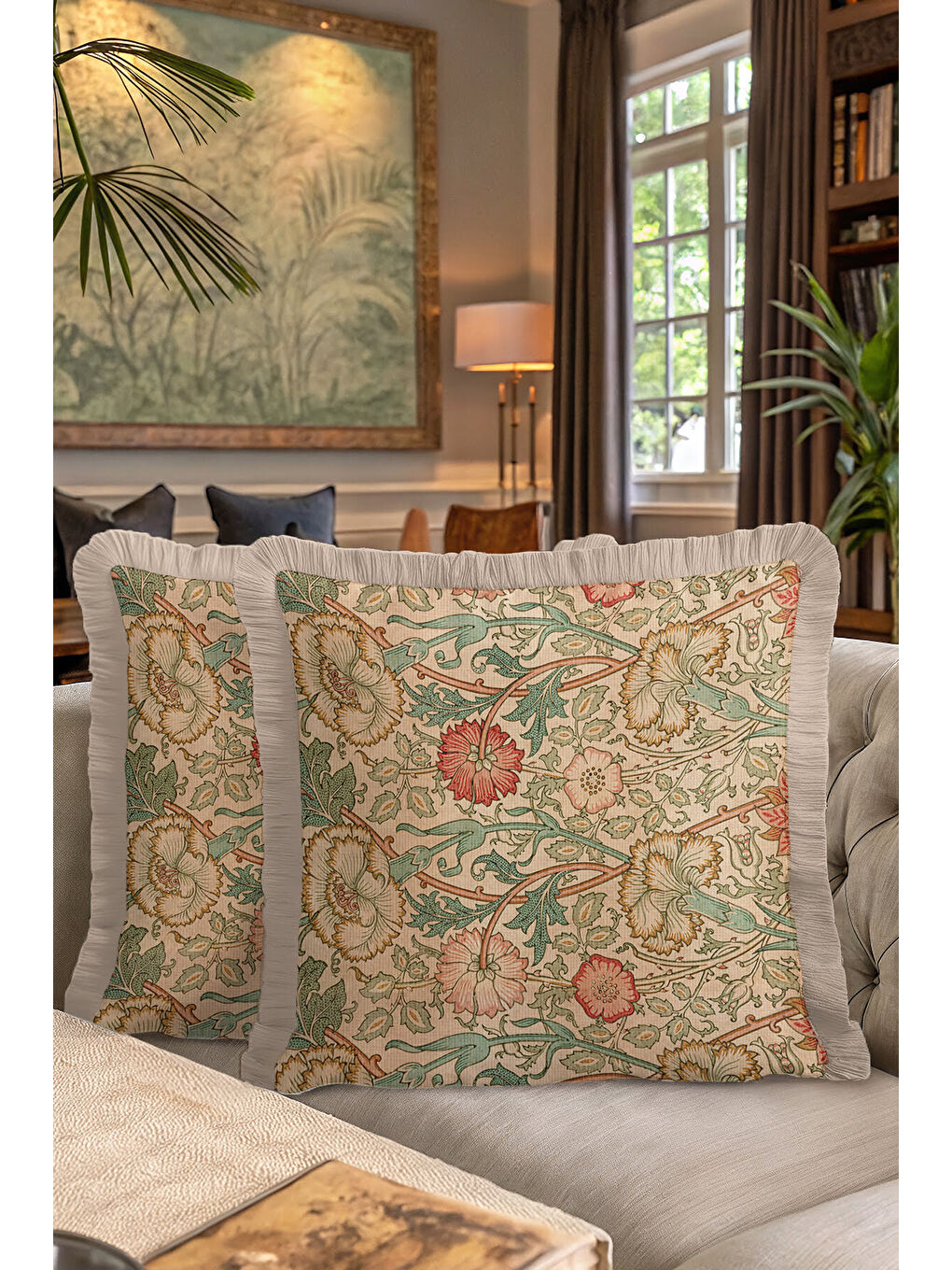 Karışık Vintage Çiçek Motifli Saçaklı Yastık Kılıfı - Klasik Bohem Bej Yeşil Püsküllü Kırlent Kılıfı-7