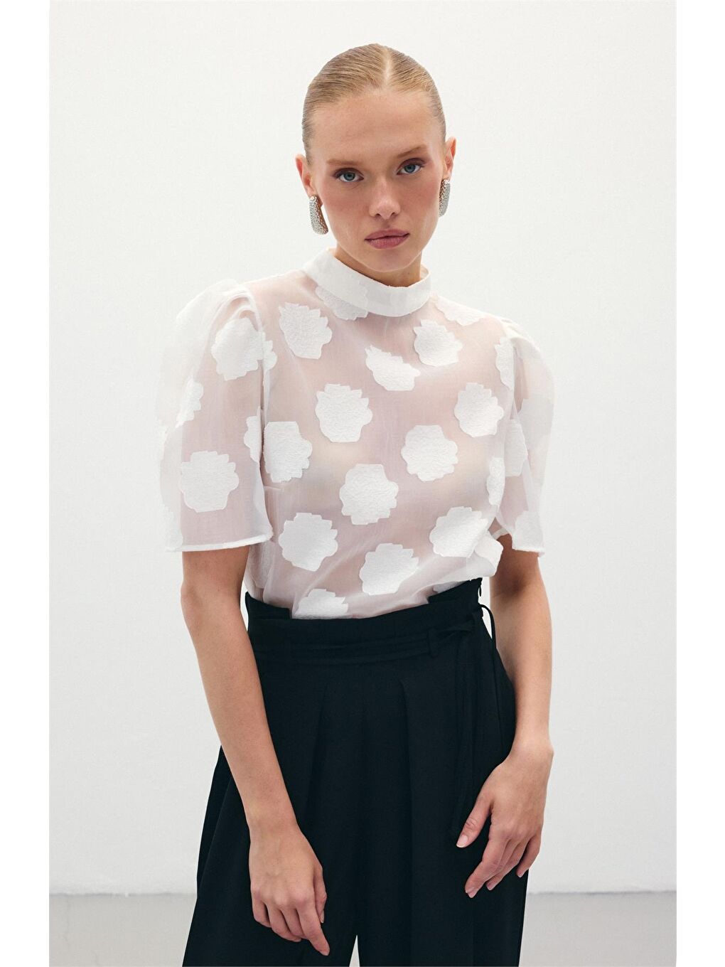 Organze Kısa Kol Bluz - Ekru-2