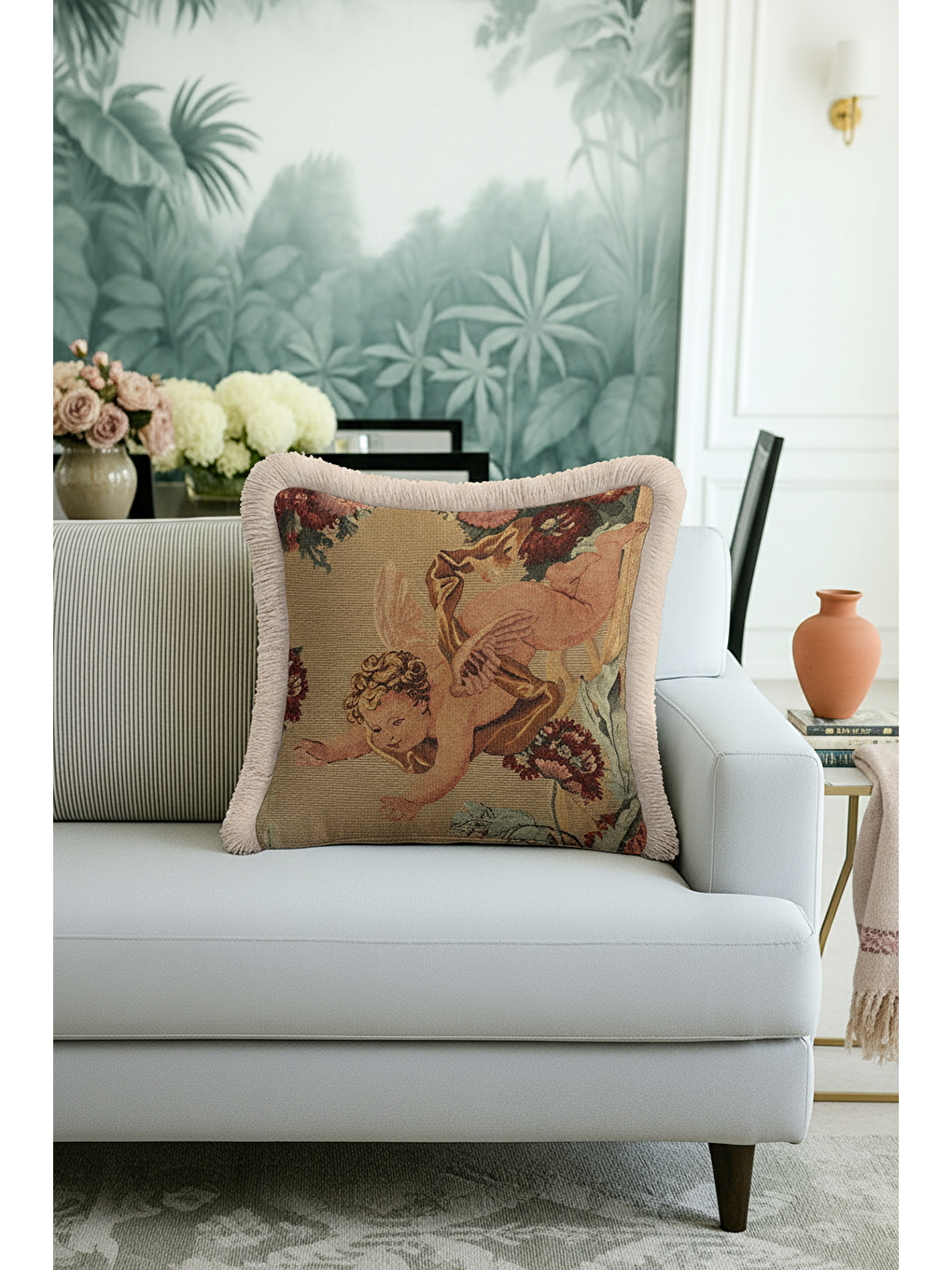 Karışık Barok Melek Figürlü Saçaklı Yastık Kılıfı - Klasik Vintage Retro Bej Gold Püsküllü Kırlent Kılıfı-2