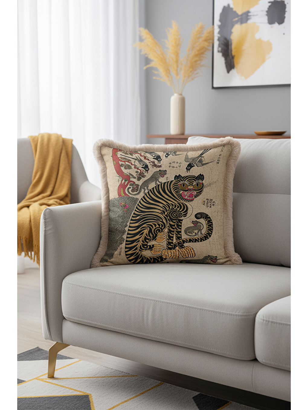 Karışık Asya Motifli Saçaklı Yastık Kılıfı - Etnik Sanat Temalı Vintage Bej Gold Püsküllü Kırlent Kılıfı-1