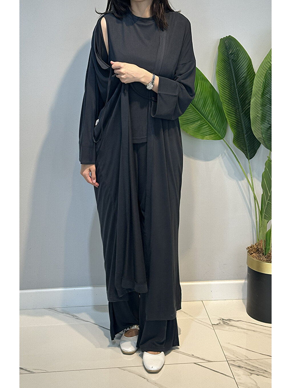 Kadriye Baştürk Modal Cupra Pantolonlu Bluz Abaya Takım 410 Siyah-2
