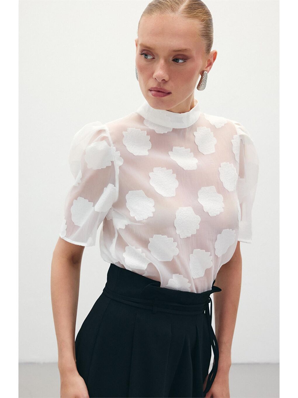 Organze Kısa Kol Bluz - Ekru-4