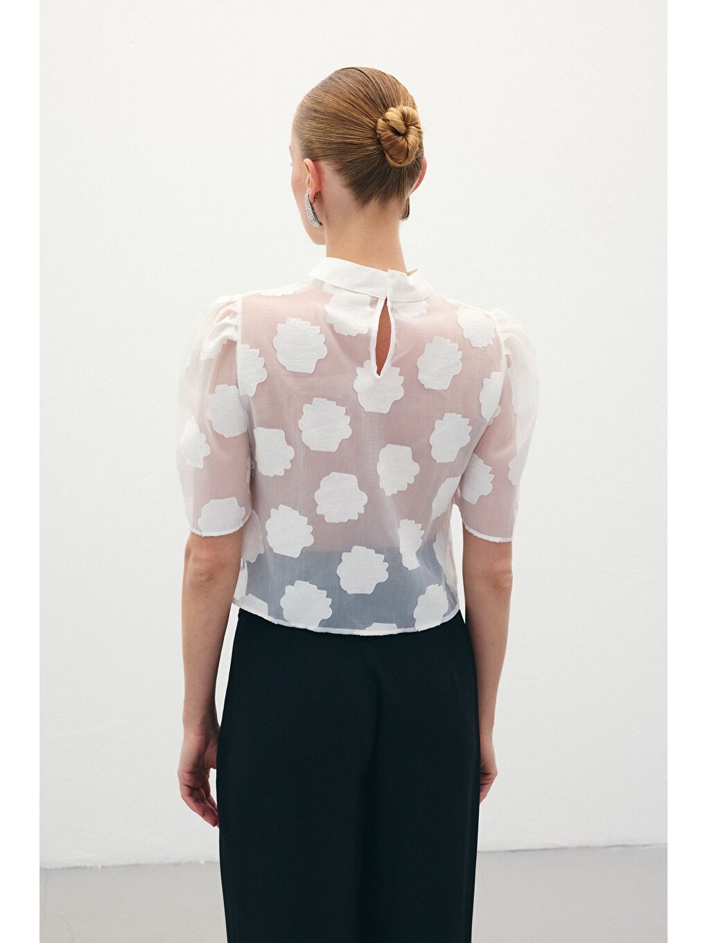 Organze Kısa Kol Bluz - Ekru-5