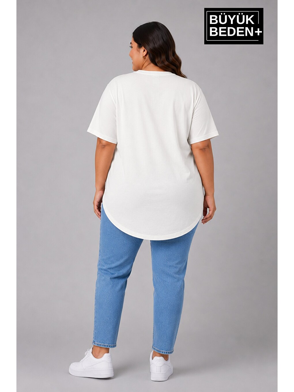 Ekru Büyük Beden Kadın Bisiklet Yaka Basic Oval Etek Detalylı 3xl-6xl Uzun Tunik SPR26BTSK502-2