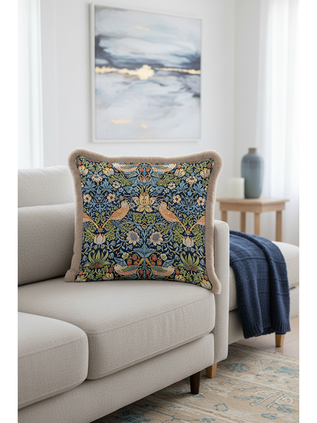 Karışık Lüks Kuşlu Çiçekli Saçaklı Yastık Kılıfı - Viktoryen Bohem Lacivert Yeşil Püsküllü Kırlent Kılıfı-2