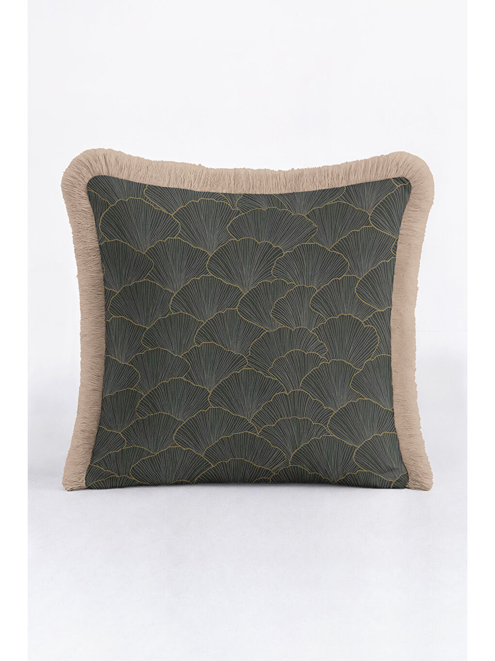 Karışık Altın Renk Lüks Ginko Yapraklı Saçaklı Yastık Kılıfı - Sanatsal Yeşil Modern Püsküllü Kırlent Kılıfı