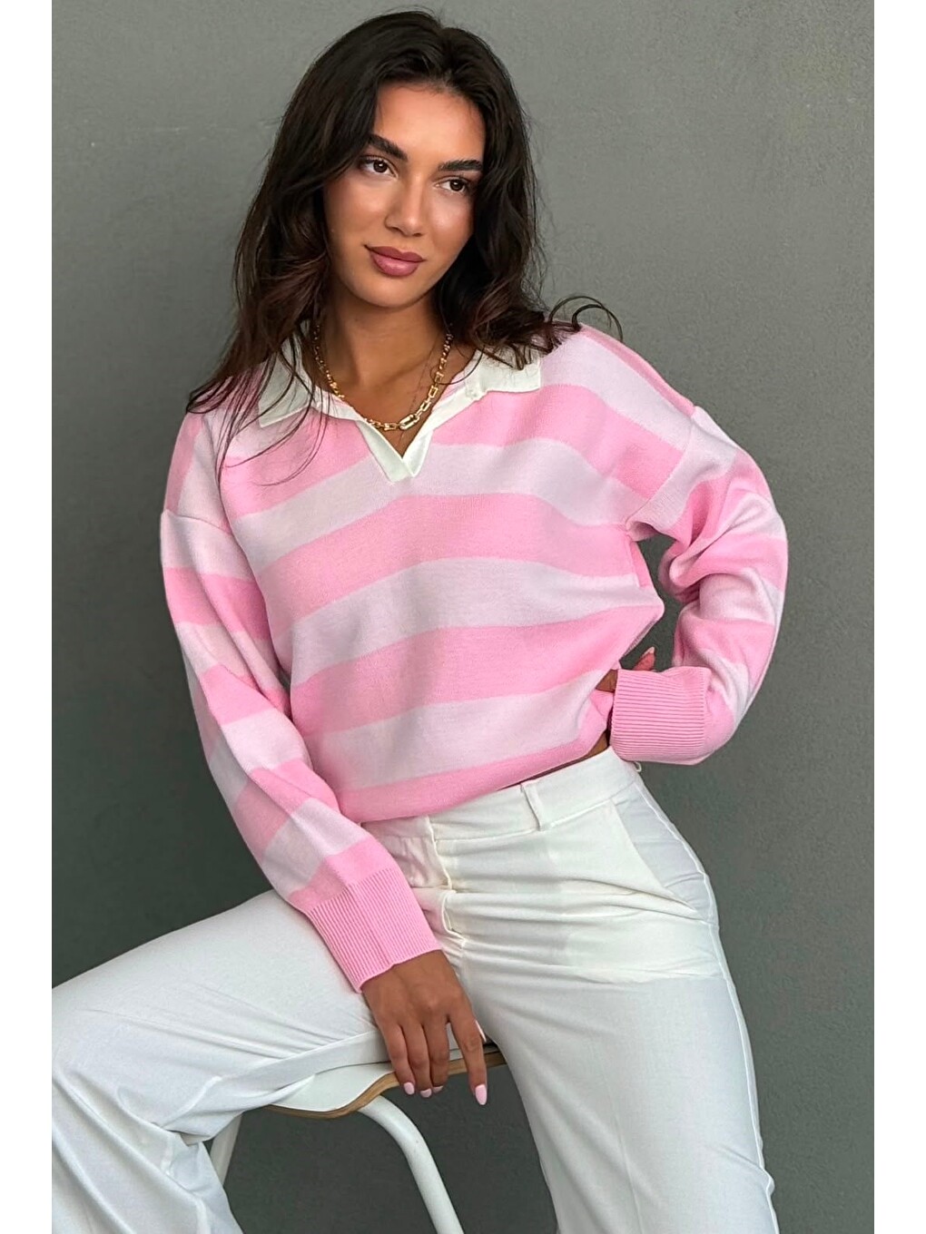 Pembe Çizgili Polo Yaka Kadın Kazak Mg2882-3