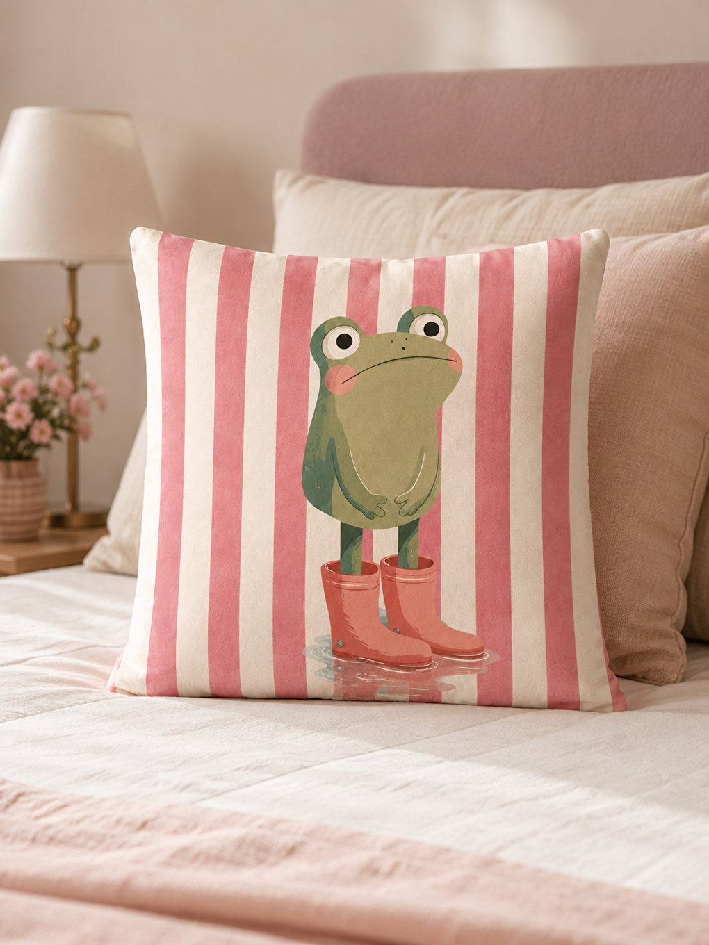 Bej Kurbağa Figürlü Pembe Çizgili Dekoratif Kırlent Kılıfı 43x43 Cm Yazlık Ev Dekoru-2