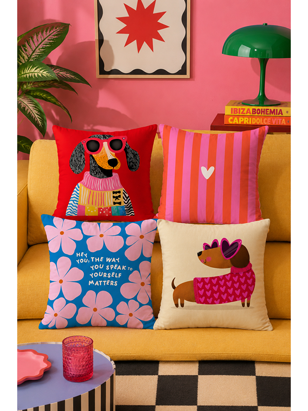 Karışık Pop Art Köpek Ve Çiçek Yazılı Dekoratif Kırlent Kılıfı 43x43 Cm Canlı Renkli Dekor-2