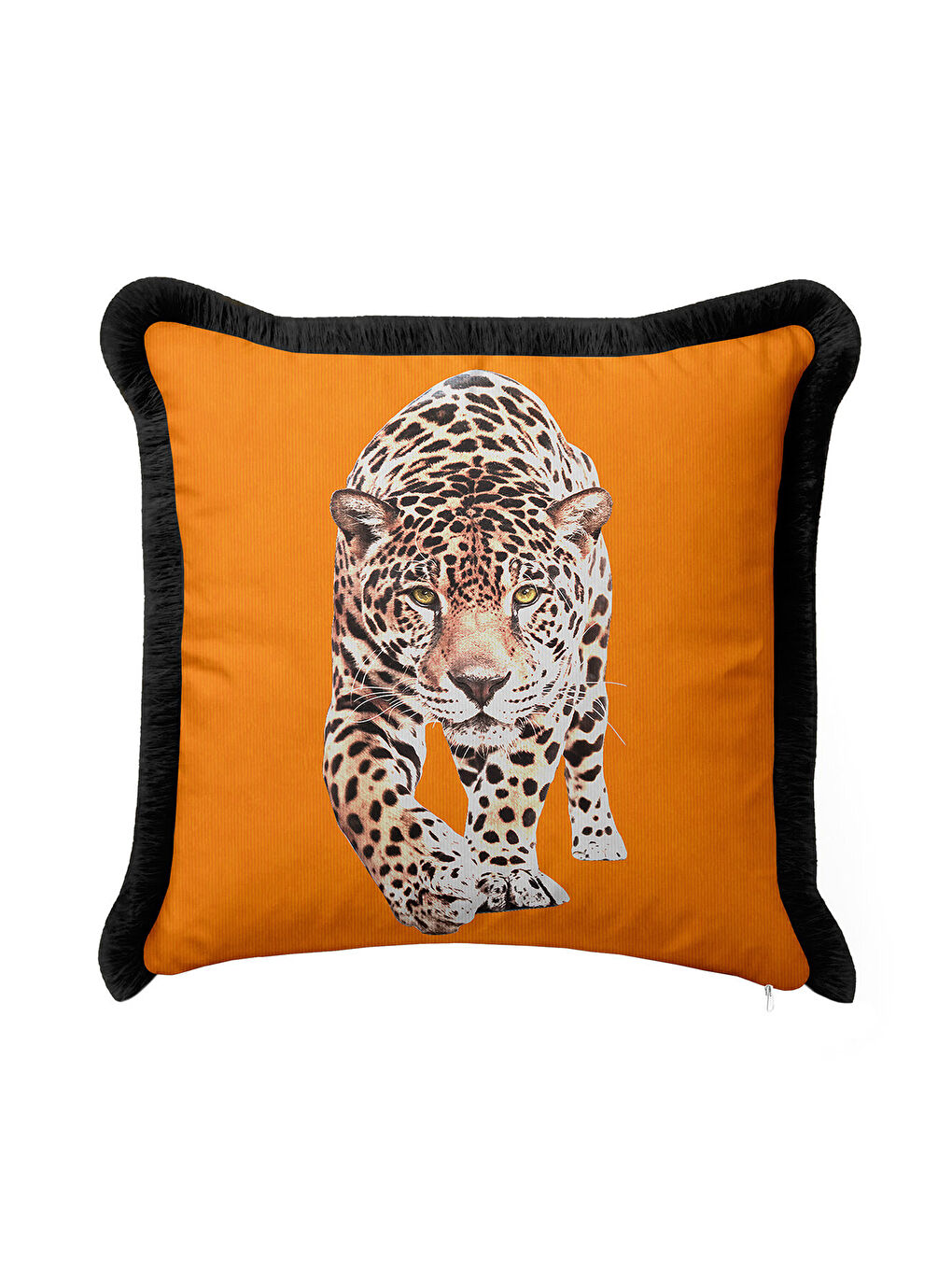 Karışık Lüks Jaguar Temalı Saçaklı Yastık Kılıfı - Safari Bohem Turuncu Siyah Püsküllü Kırlent Kılıfı-1