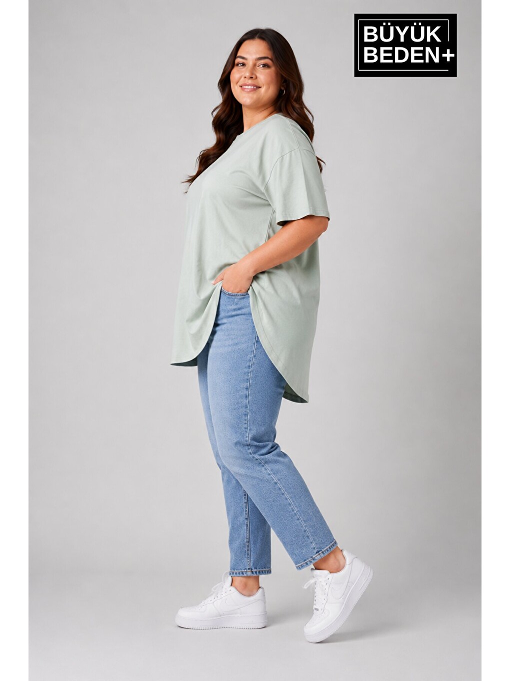 Turkuaz Büyük Beden Kadın Bisiklet Yaka Basic Oval Etek Detalylı 3xl-6xl Uzun Tunik SPR26BTSK502-1