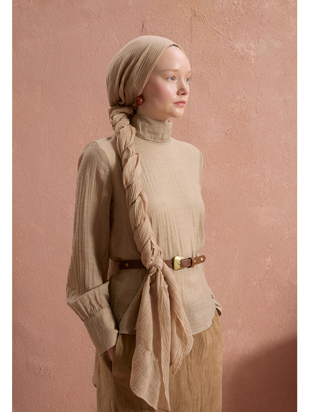 Bej Modal Damalı Şal Kum-4