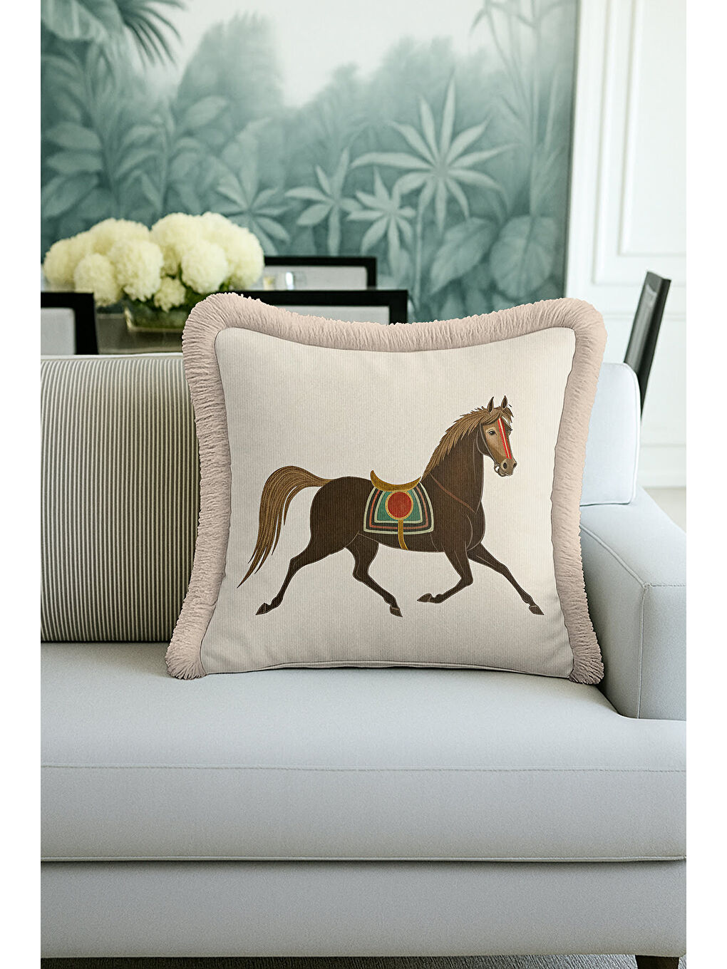 Karışık Saray Esintili At Figürlü Saçaklı Yastık Kılıfı - Bohem Kahverengi Bej Püsküllü Kırlent Kılıfı-1